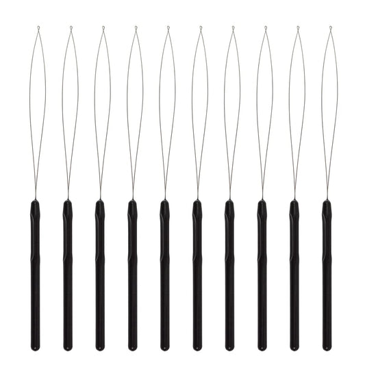 10 Pcs Hair Extension Loop Needle Threader Pulling Hook Tool and Bead Device Tool Loop Threader for Micro Rings beads and Hair or Feather Extensions (Black)