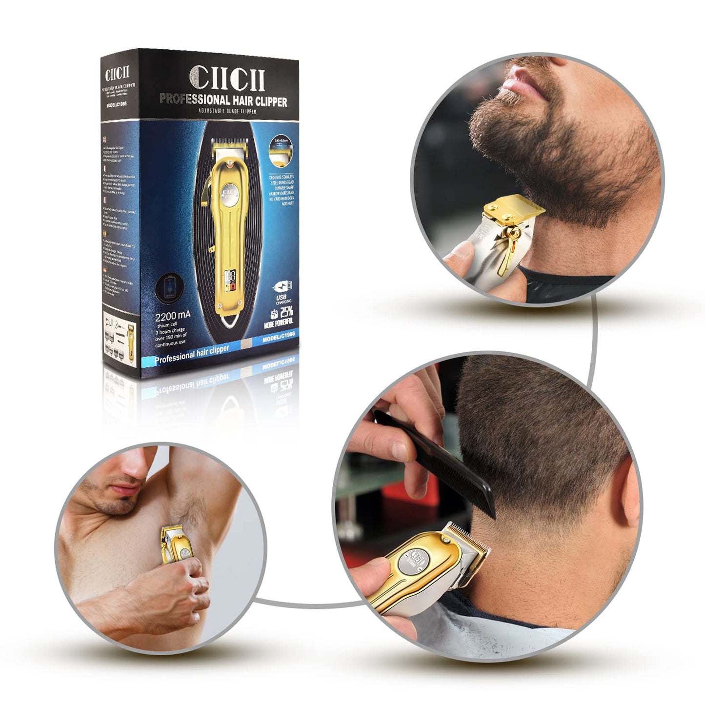 CIICII Hair Clippers for Men Professional, Cordless Barber Clippers for Hair Cutting (12Pcs Rechargeable USB Adjustable LCD Display Hair Beard Grooming Trimming Haircut Kit) for DIY Home Barber Salon