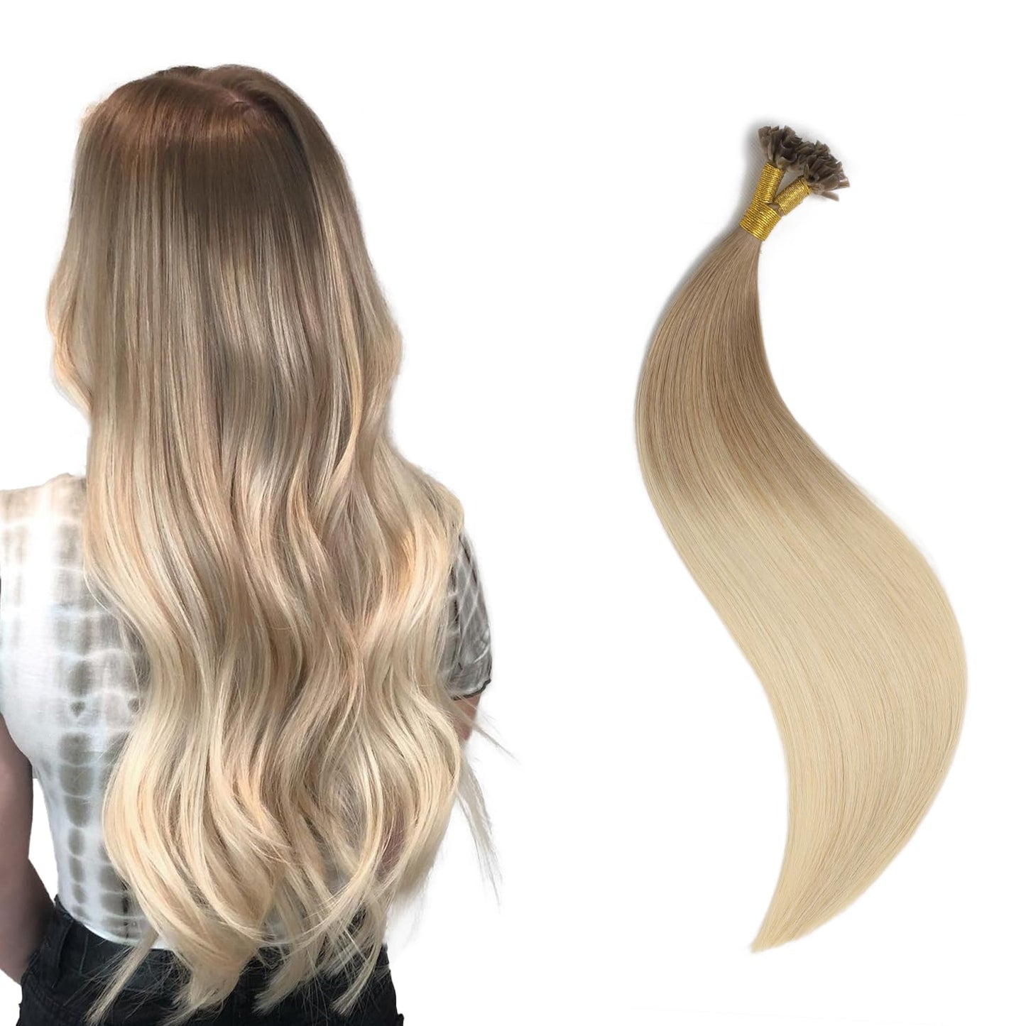 U Tip Hair Extensions Real Human Hair 50 Strands 50g 20inch Balayage Ombre Walnut Brown to Ash Brown and Blonde Pre Bonded Hair Extensions Nail U Tip Hair Extensions #3/8/22 20inch