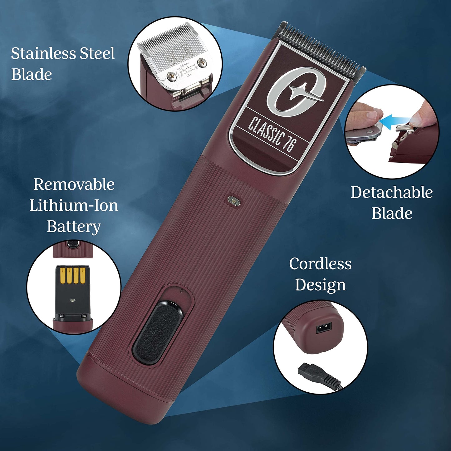Oster Professional Cordless Hair Clippers, Classic 76 for Barbers and Hair Cutting with Detachable Blade, Burgundy