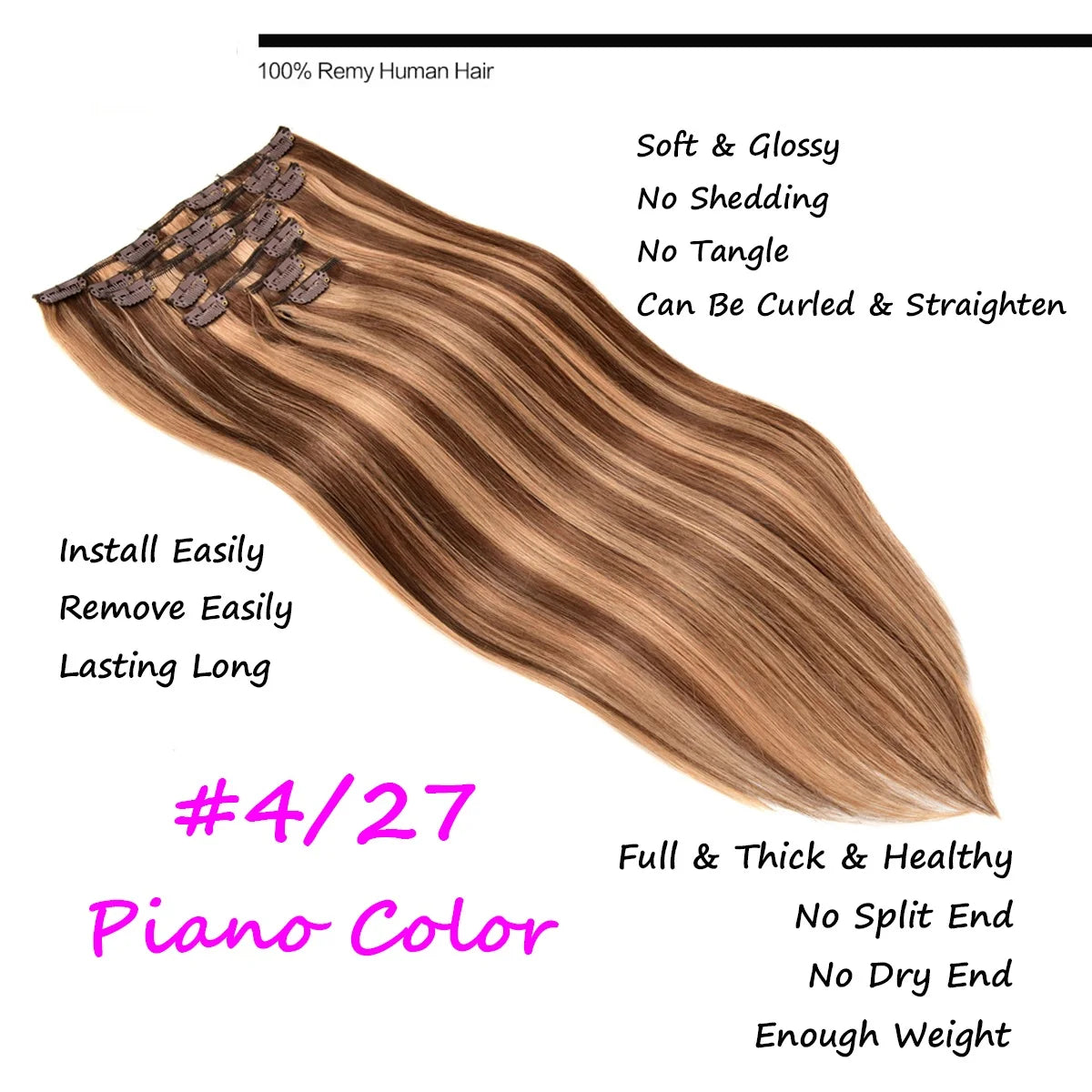 Clip in Hair Extensions Real Human Hair, 7pcs 16 Clips 70g,Chocolate Brown to Caramel Blonde, Clip in 100% Brazilian Remy Human