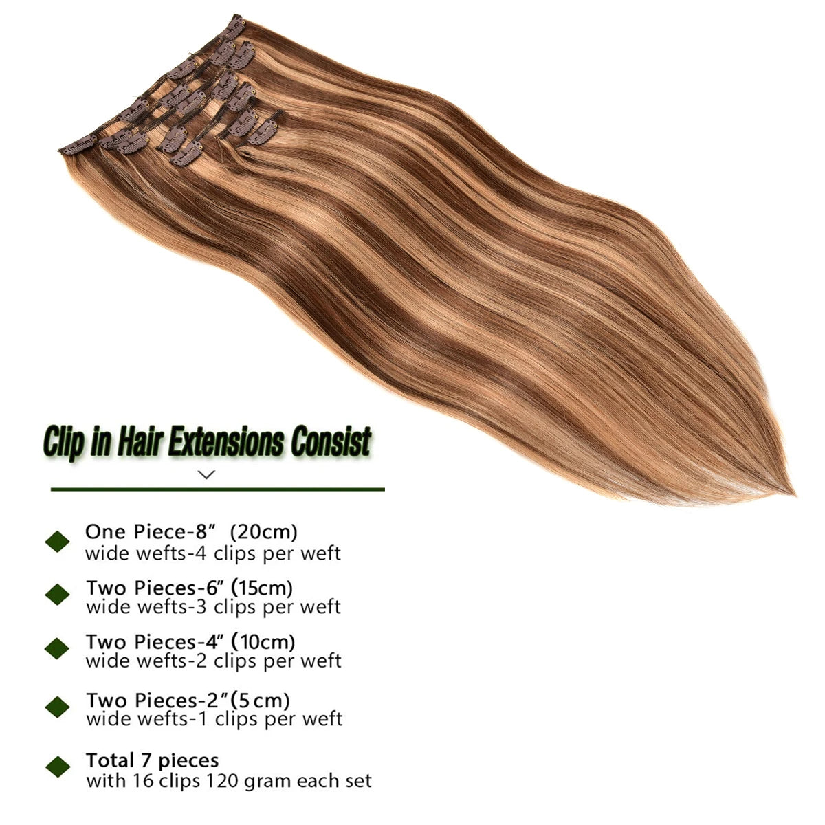 Clip in Hair Extensions Real Human Hair Chestnut Brown Mixed Blonde 7Pcs 16 Seamless Clips ins Remy Straight Clip ins Extensions