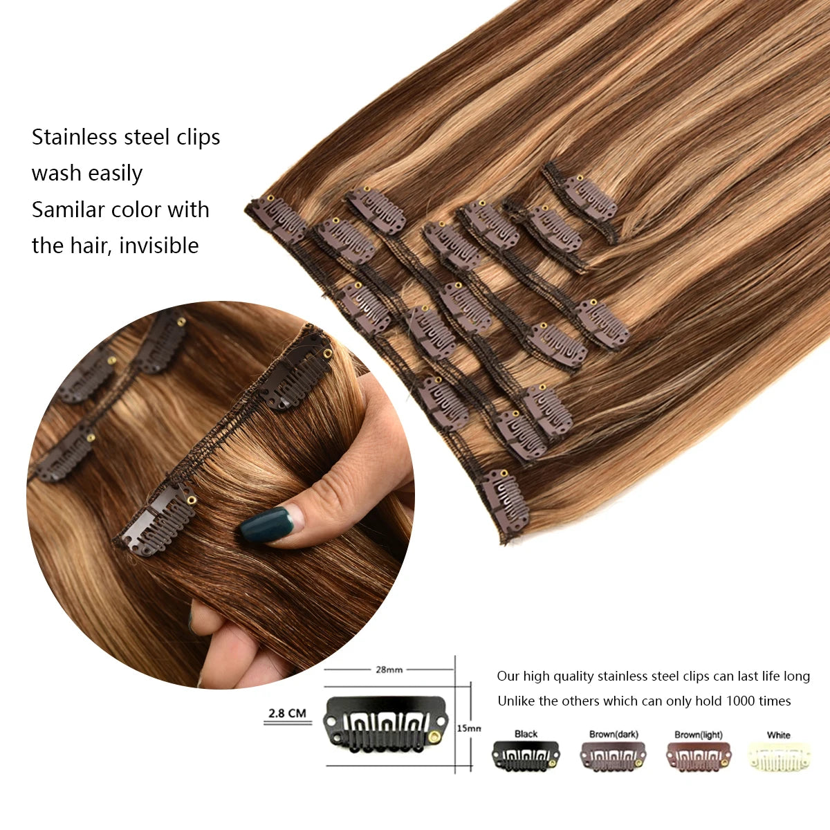Clip in Hair Extensions Real Human Hair, 7pcs 16 Clips 70g,Chocolate Brown to Caramel Blonde, Clip in 100% Brazilian Remy Human