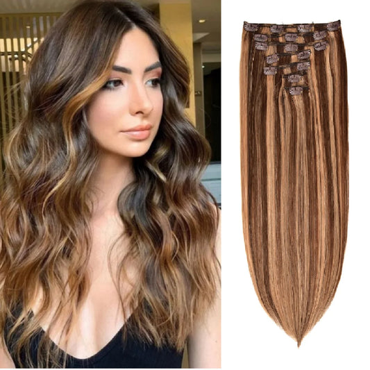 Clip in Hair Extensions Real Human Hair Chestnut Brown Mixed Blonde 7Pcs 16 Seamless Clips ins Remy Straight Clip ins Extensions