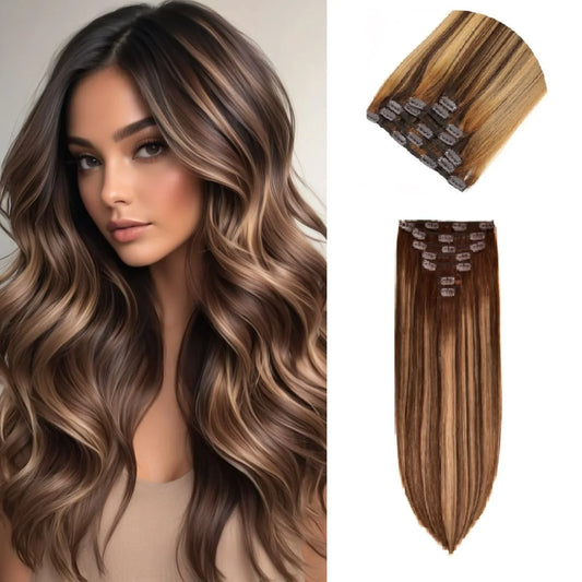 Real Human Clip in Hair Extensions Ormbre Human Hair Balayage Chocolate Brown to Caramel Blonde  Clip Ins hair Extensions